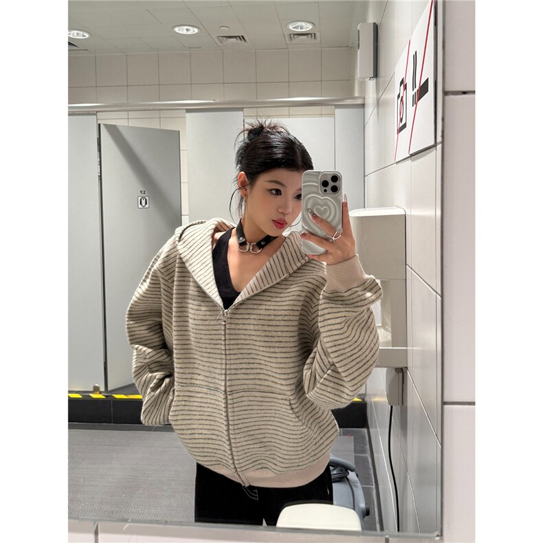 秋季韩版宽松卫衣设计感小众百搭情侣条纹开衫外套潮牌LTK722-P52,女装短外套,星座1008