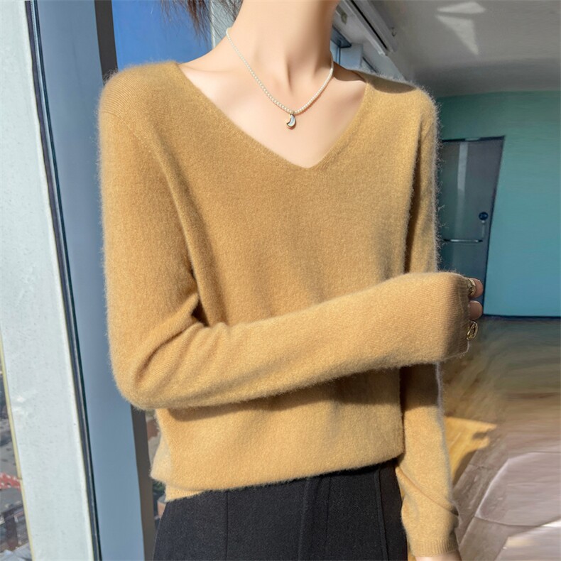 秋冬一线成衣100%纯羊毛衫女V领长袖针织毛衣宽松羊绒衫打底上衣,针织衫/毛衣,昭美羊绒