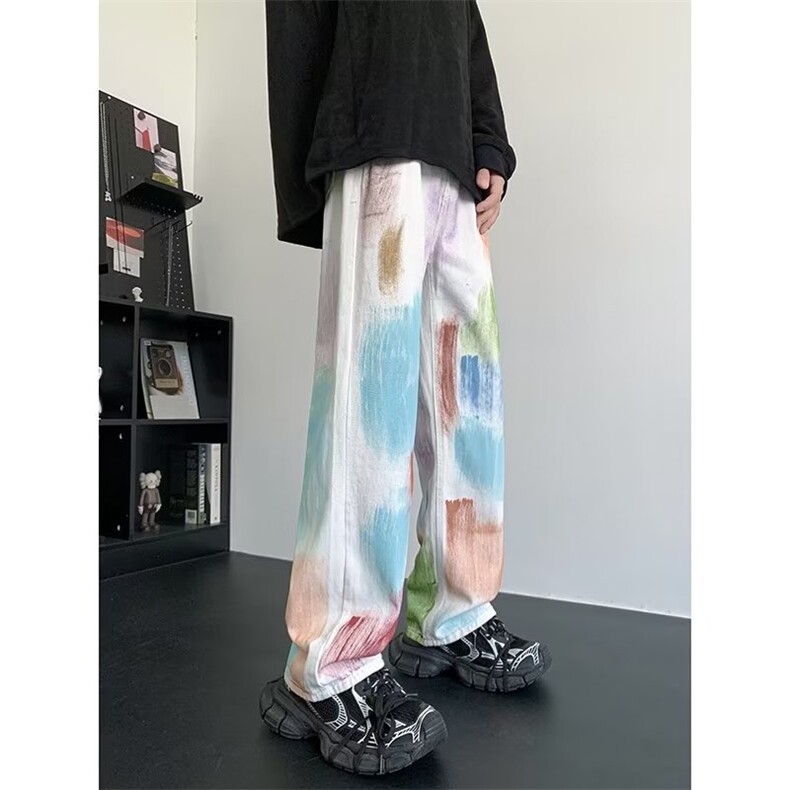 美式小众设计手工涂鸦牛仔裤宽松直筒阔腿裤男休闲裤子K6033-P50,男装牛仔裤,星座1109-3