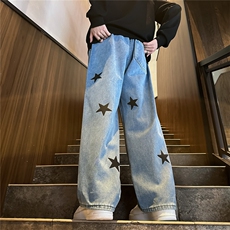 k1064-p55-控78M-5XL立体印花港风高阶宽松牛仔裤微喇，男装牛仔裤，星座116