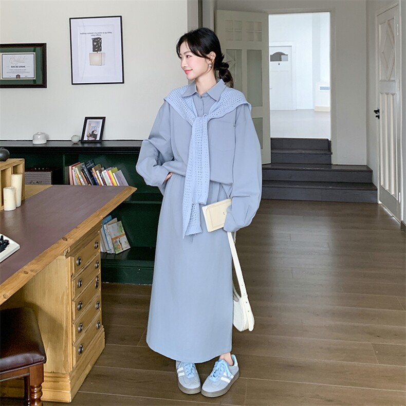 蓝色披肩衬衫套装裙女2025年秋季新款韩版慵懒风宽松半身裙两件套,女装套装/套裙,2C108