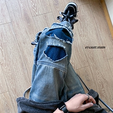 B221美式ins高街暗黑小众撞色破洞直筒牛仔裤LK23109-P65控88，男装牛仔裤，电商B221