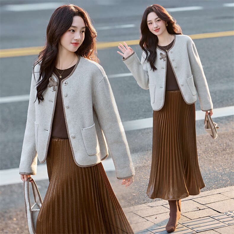 韩版撞色小香风双面羊绒上衣女2025秋冬季新款超好看显瘦呢子外套，女装双面呢大衣，乐吉娜