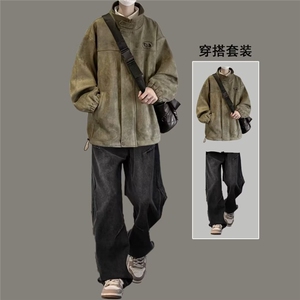 麂皮绒棉服外套男秋冬季潮牌加厚保暖立领工装夹克美式复古上衣服图片