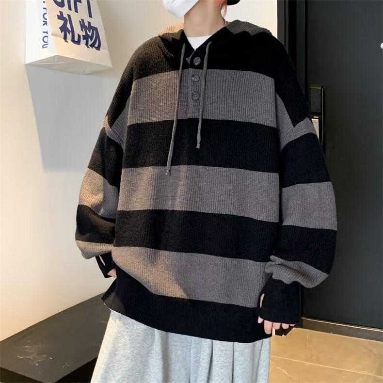 条纹毛衣男女2023新款宽松慵懒风针织衫秋冬连帽上衣外套图片