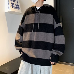 条纹毛衣男女2023新款宽松慵懒风针织衫秋冬连帽上衣外套图片