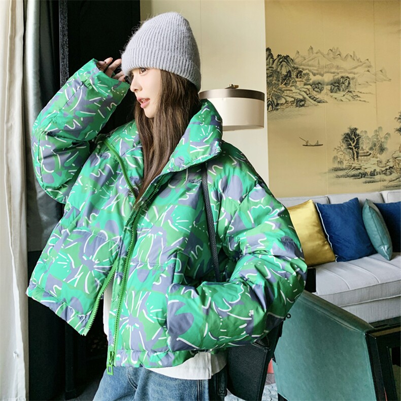 超好看立领印花羽绒服女冬季2024新款小个子加厚白鸭绒面包服外套图片