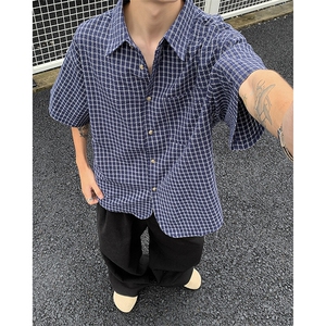 短袖男夏季薄款格子衬衫潮牌港风翻领休闲宽松上衣CS41-P40图片