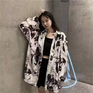 潮牌ins长袖衬衫男女嘻哈街头宽松复古休闲炸街扎染印花衬衣外套图片