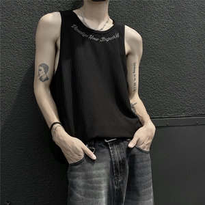 慵懒风夏季宽松坑条无袖T恤港风情侣背心男装坎肩内搭上衣S323P23图片
