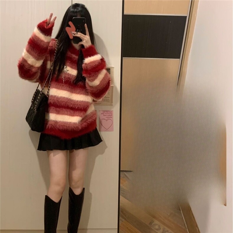 奶fufu慵懒风毛衣女秋冬圆领套头内搭水貂毛宽松撞色条纹上衣日系,男装针织衫/毛衣,星座506A