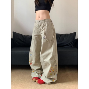 美式复古印花宽松小众工装裤男女弯刀休闲裤K206-P53图片