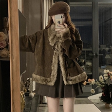 C914-P130毛绒麂皮外套女美拉德拼接宽松牛角扣翻领上衣，女装短外套，星座911-2(原星座613-2）