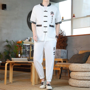 风男装夏季冰丝短袖开衫男复古汉服套装风图片
