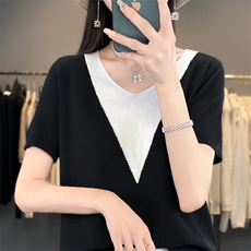 法式高级V领冰丝针织短袖T恤女2025夏季新款宽松正肩薄款百搭上衣，女装针织衫/毛衣，萱芳婷羊绒