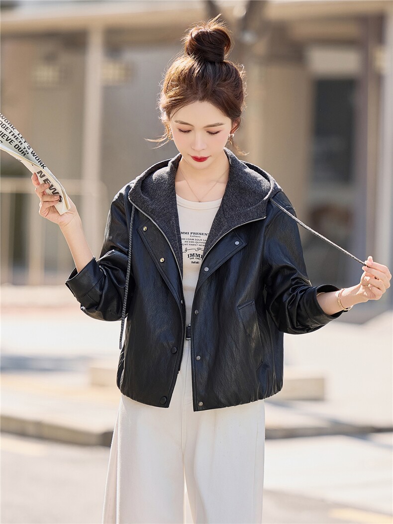 【春季女装新款】2026春季大量现货时尚休闲连帽假两件皮衣外套,女装皮衣,缘衣格