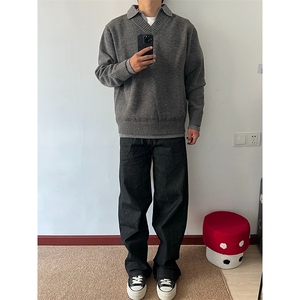重磅北极绒假两件衬衫领毛衣美式高街复古休闲慵懒纯色翻领针织衫图片