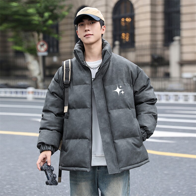 港风冬季新款棉衣男印花宽松PU皮立领面包服大码外套男MY625-P128，男装棉衣，星座505-3