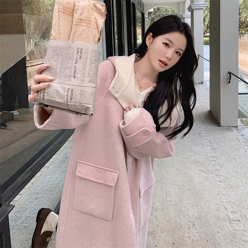 韩系甜美连帽双面羊毛大衣女2025秋冬季新款显瘦保暖长款呢子外套，女装毛呢外套，2C212