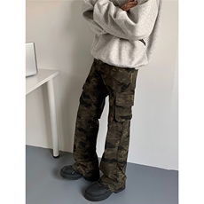 美式高街迷彩多口袋修身复古工装裤嘻哈显瘦微喇休闲裤男女7683，男装休闲裤，星座506