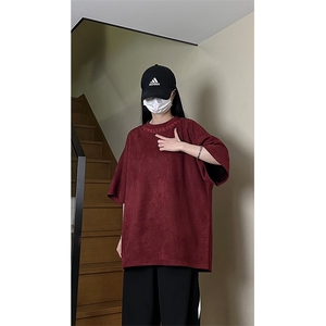 港风大码日系复古麂皮绒宽松套头圆领短袖T恤 XZ213-T062-P35控48图片