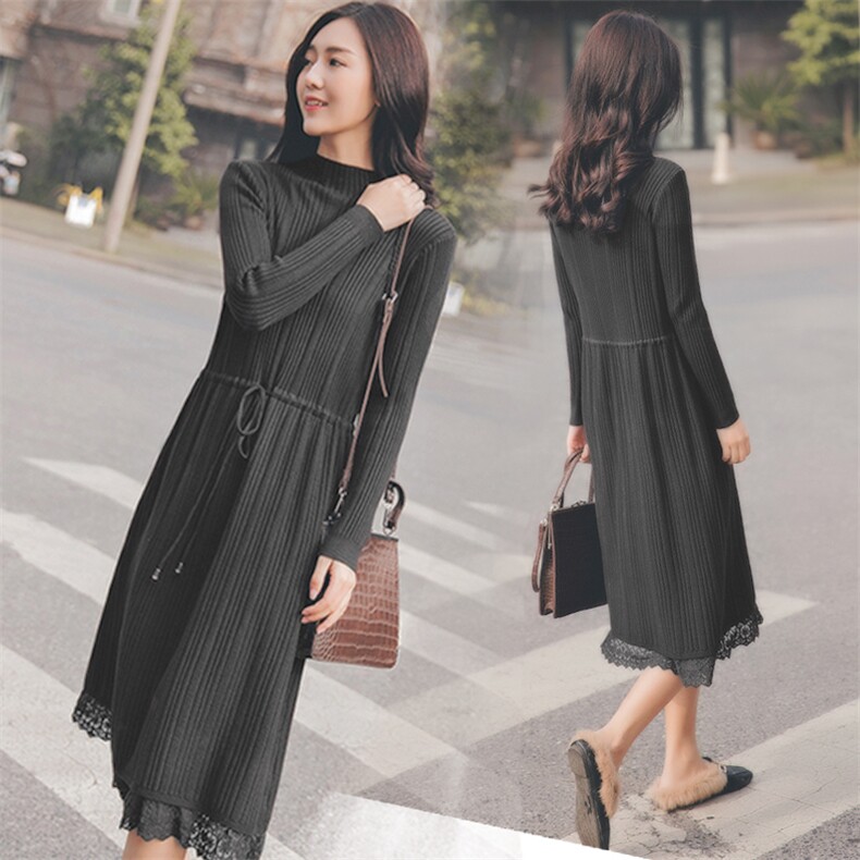 长袖 中长款 2021年春季 套头 松紧腰 圆领 针织 连衣裙 韩版 百搭 宽松图片