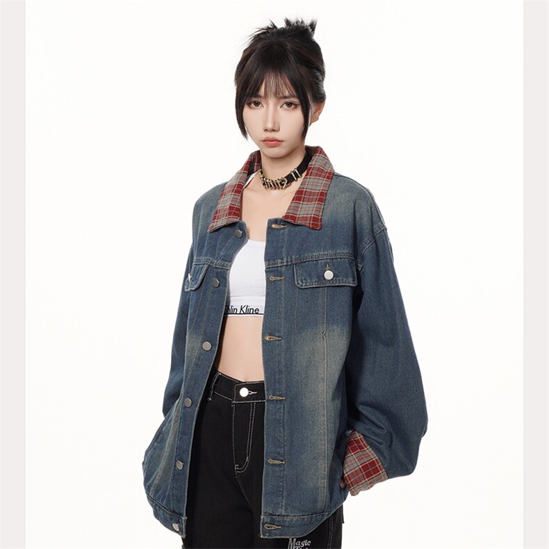 格子拼接牛仔外套男女翻领cleanfit休闲水洗夹克情侣上衣J633-p75图片