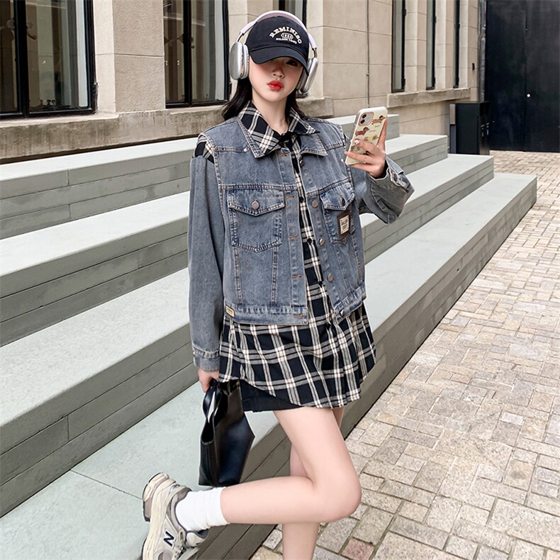 现货-黑白格衬衫+牛仔马甲两件套-款号9906-P145K198,女装套装/套裙,浙宝305