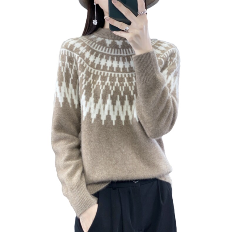 提花半高圆领撞色安迪绒针织衫女显瘦百搭羊毛宽松套头懒惰风毛衣,针织衫/毛衣,斯美雅安迪绒