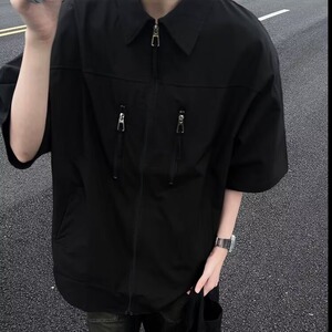拉链垫肩衬衫男短袖高街夏季浅蓝工装衬衣设计感五分袖CY796-P38图片