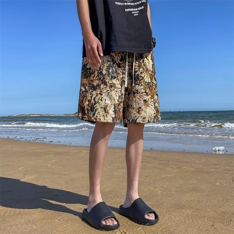 菊花刺绣短裤男夏季潮牌宽松沙滩裤韩版休闲直筒五分裤情侣运动裤,男装牛仔裤,星座1013