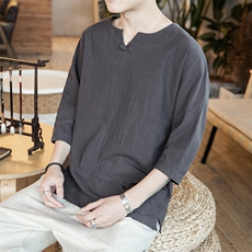 587P45咖啡厅2024春夏装新款风仙鹤绣花棉麻七分袖T恤，男装T恤，电商A026