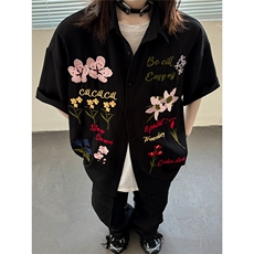 主推美式复古华夫格彩色花卉刺绣短袖衬衫情侣上衣男女H939P68，男装衬衫，电商A341