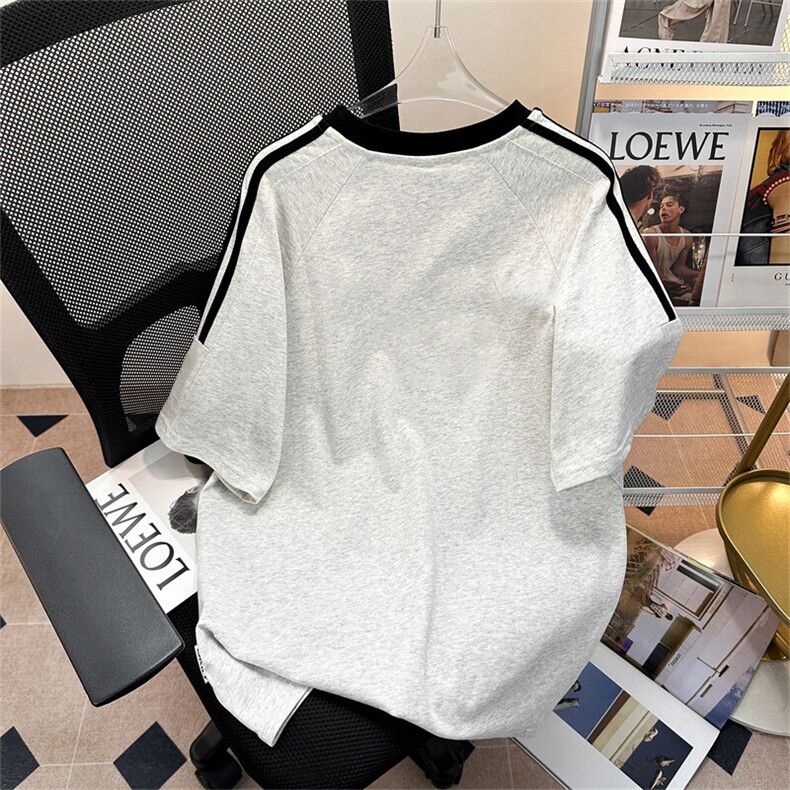 抖音得物品质夏季美式高街纯棉三条杠织带男女短袖T恤ZD588特25,男装T恤,电商A486-1