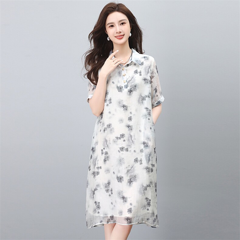 新中式印花雪纺连衣裙女夏季气质大码女装2025年新款洋气裙子,女装连衣裙,涵誉