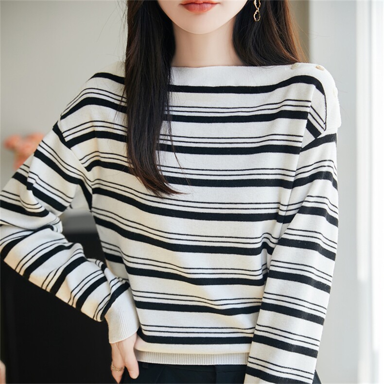 法式一字肩条纹针织衫女2025新款长袖保暖打底毛衣洋气露肩毛衫潮，女装针织衫/毛衣，菲奥羊绒
