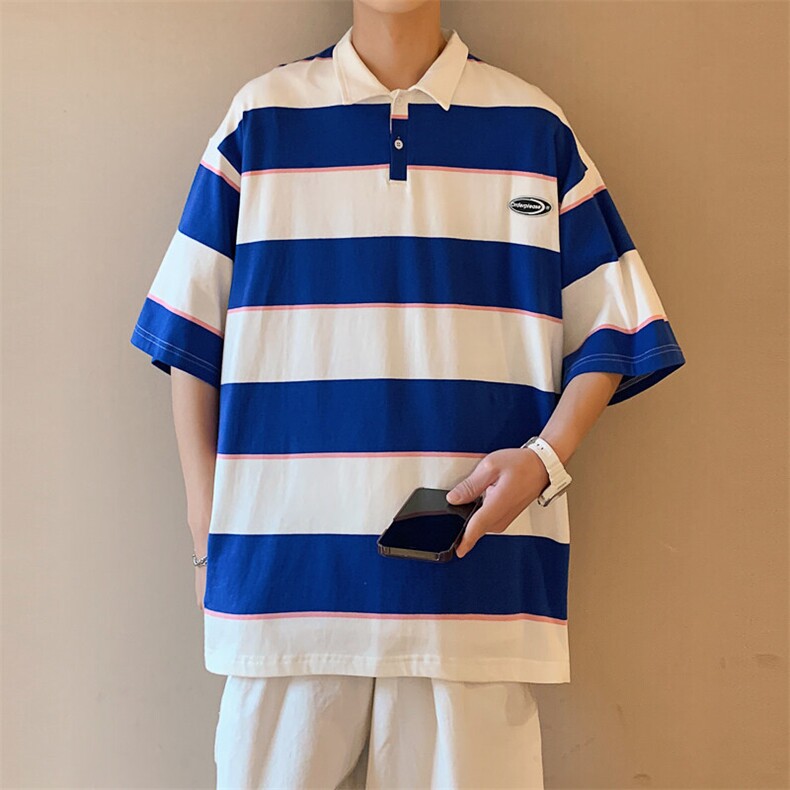 100棉!条纹翻领宽松纯棉polo衫短袖男T恤XP221-P40控68,男装T恤,电商B370
