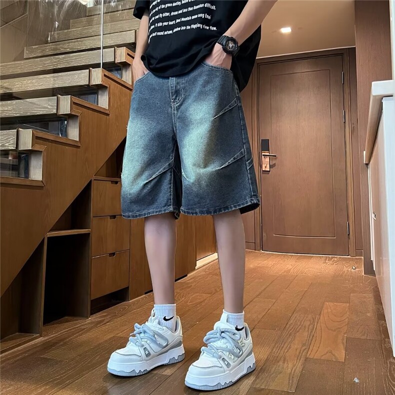 褶皱牛仔短裤男夏季高街水洗做旧五分裤子直筒中裤 N9974图片