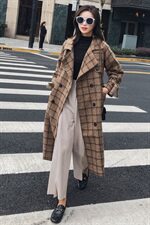 2021春装新款1853款格子长款拼接宽松毛呢大衣咖啡格呢子外套女装，女装毛呢外套，红依娜