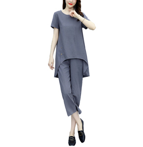 棉麻不规则上衣亚麻高端套装夏装薄款短袖2025新款女七分裤两件套图片