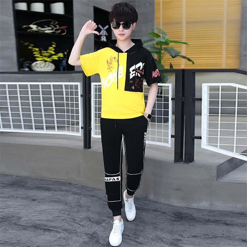 夏季新款套装男青少年休闲连帽T恤长裤套装DS-A158货T145,男装休闲套装,星座310B-3