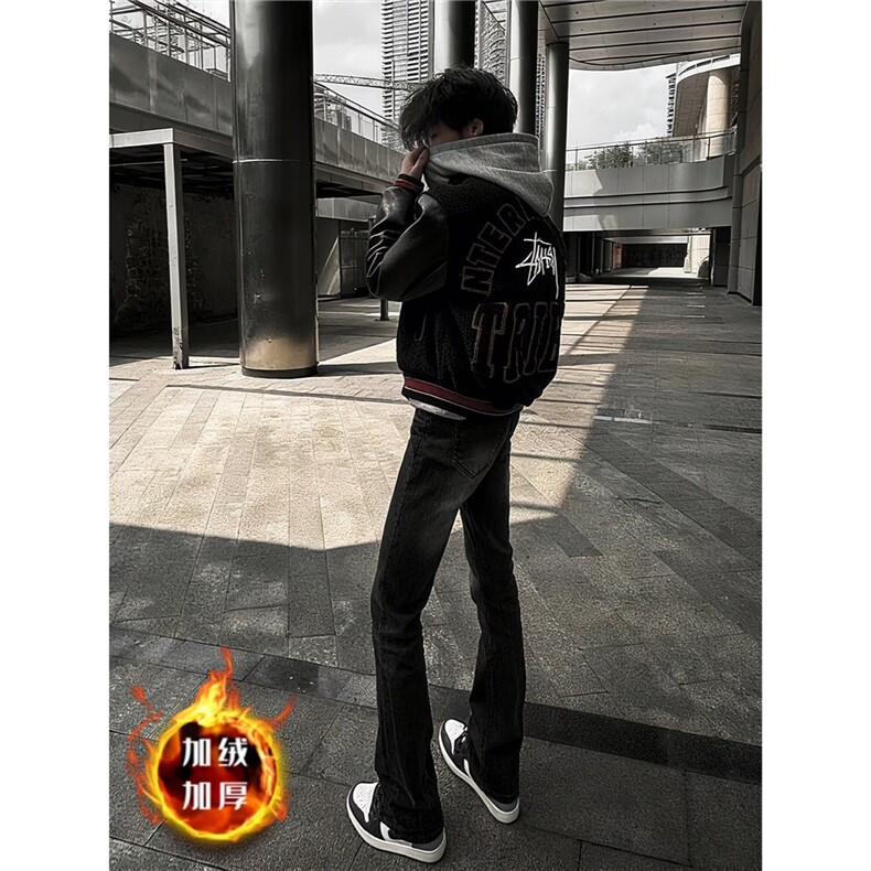 早春新款黑灰色微喇牛仔裤女百搭高腰显瘦显高马蹄双扣拖地喇叭裤,男装牛仔裤,星座506A