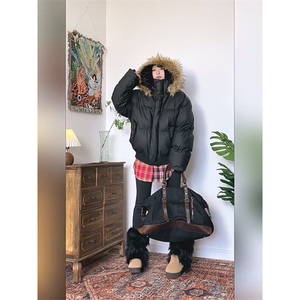 现货三防重磅硬挺boxy短款羽绒棉衣座山雕大毛毛领PU皮棉服外套冬图片