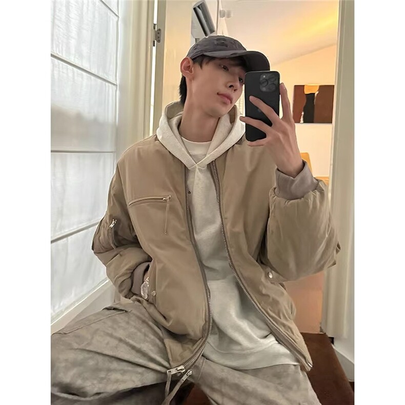 W557-P78卡其色短款棉服外套棒球服男款秋季美式潮牌飞行员夹克,男装夹克,星座911-1