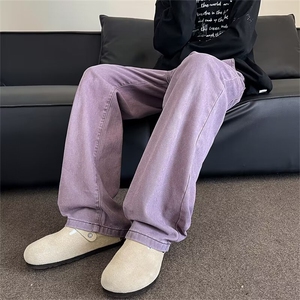 2024春秋款美式高街牛仔裤直筒裤复古百搭情侣紫色长裤子T1734/48图片