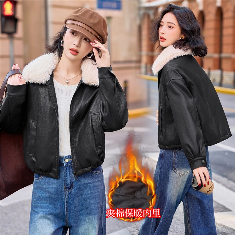 现货BAO款皮棉服女2025冬季新款保暖毛领羽绒棉PU皮衣短外套上衣,女装皮衣,江南女神