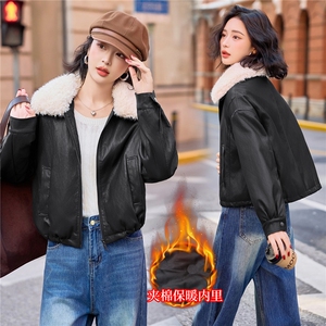 现货BAO款皮棉服女2025冬季新款保暖毛领羽绒棉PU皮衣短外套上衣图片