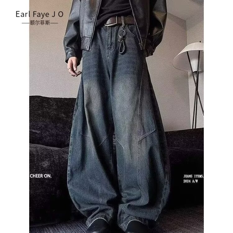 美式复古解构水洗弯刀牛仔裤男女微喇叭宽松阔腿长牛仔裤NKG108,男装牛仔裤,星座302B-3
