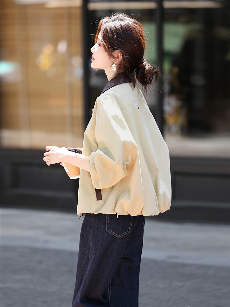 撞色短款风衣外套女2025年秋季新款韩版休闲长袖宽松风衣外套,女装风衣,鑫源服饰