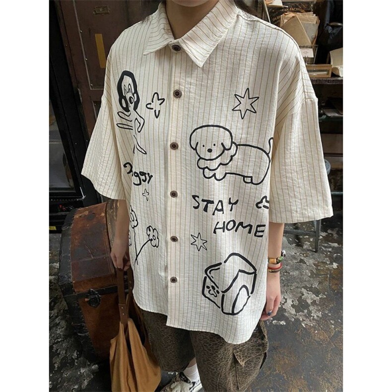 TC513-P35美式复古学院风狗狗涂鸦短袖衬衫百搭情侣上衣,男装T恤,星座617A-2